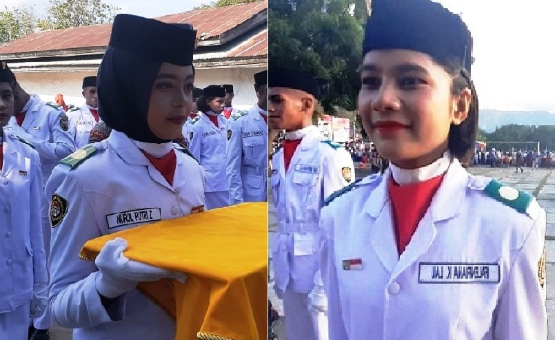 Foto Dua Sosok Pembawa Baki Bendera Merah Putih yang Membanggakan Ende